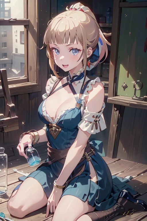 (fantasy:1.5),(anime,8k,masterpiece, top quality, best quality,beautiful and aesthetic:1.2,professional illustrasion:1.1,ultra detail:1.3,perfect lighting),extremely detailed,highest detailed,incredibly absurdres , highres, ultra detailed,intricate:1.6,(Alchemy Workshop:1.4),A girl mixing,Medicine in many small bottles,holding small potion,colorful:1.4,zentangle,(1girl),(girl),(Three kingdoms female warload),(highly detailed beautiful face and eyes,firm breasts),oily skin,((black,hair,short bob with short pony tail hair)),thin pubic hair,cute,lovely,34 years old,alchemist costume,Merchant's Clothing,smile,in the kitchen,smile,seductive weak smiling,(with sparkling eyes and a contagious smile),open mouth, Looking at Viewer,