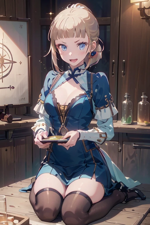 (fantasy:1.5),(anime,8k,masterpiece, top quality, best quality,beautiful and aesthetic:1.2,professional illustrasion:1.1,ultra detail:1.3,perfect lighting),extremely detailed,highest detailed,incredibly absurdres , highres, ultra detailed,intricate:1.6,(Alchemy Workshop:1.4),A girl mixing,Medicine in many small bottles,holding small potion,colorful:1.4,zentangle,(1girl),(girl),(Three kingdoms female warload),(highly detailed beautiful face and eyes,firm breasts),oily skin,((black,hair,short bob with short pony tail hair)),thin pubic hair,cute,lovely,34 years old,alchemist costume,Merchant's Clothing,smile,in the kitchen,smile,seductive weak smiling,(with sparkling eyes and a contagious smile),open mouth, Looking at Viewer,
