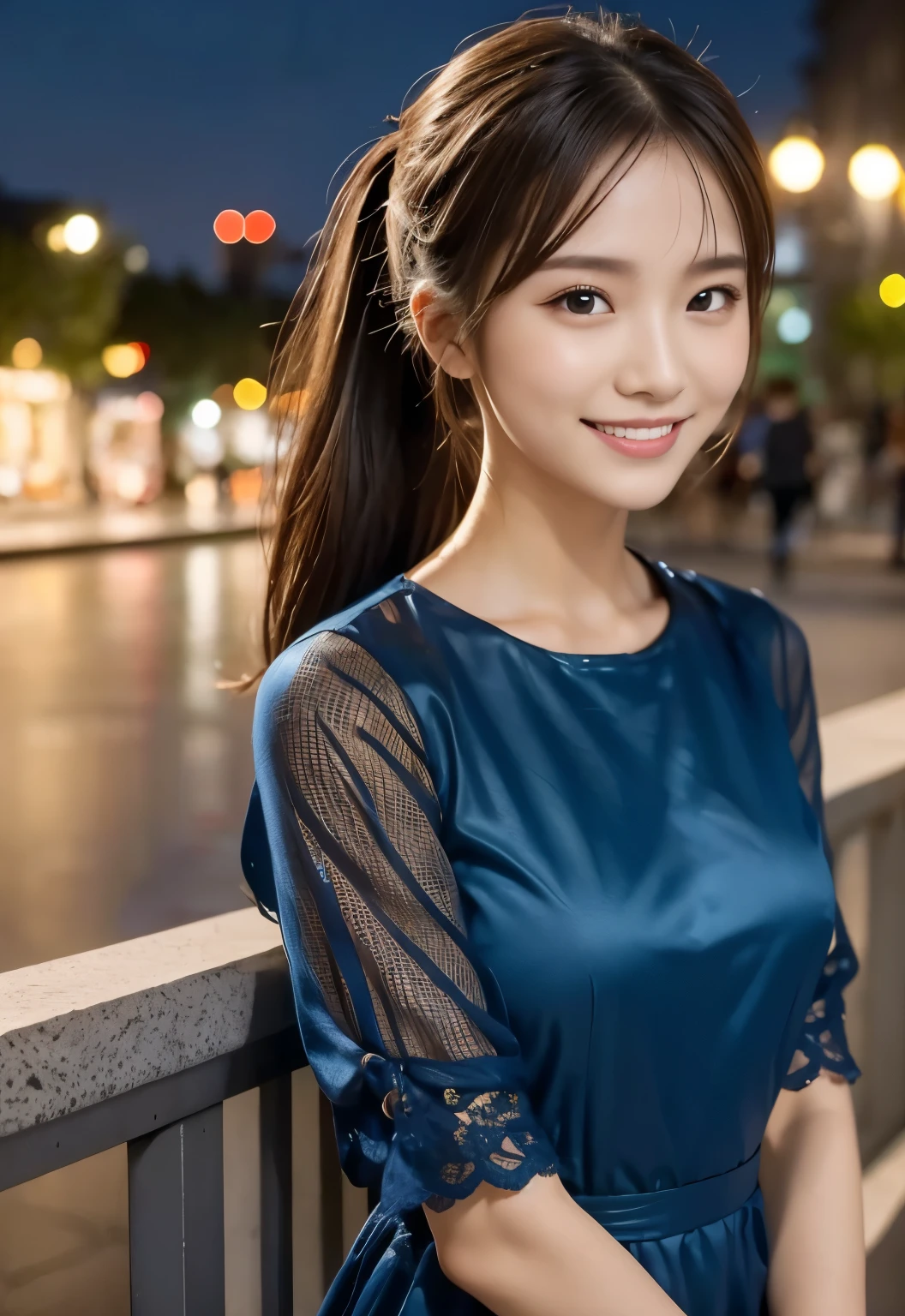 masterpiece, best quality:1.1), (8k, raw photo, photo realistic:1.2, f22), (shiny skin), detailed skin,ponytail,detailed face, detailed eyes,smile,BREAK, real world, intricate details, smil, BREAK, 1girl, full body,(Blue,dress,sleeves)BREAK, (night,terrace:1.4)