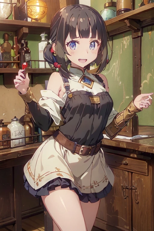 (fantasy:1.5),(anime,8k,masterpiece, top quality, best quality,beautiful and aesthetic:1.2,professional illustrasion:1.1,ultra detail:1.3,perfect lighting),extremely detailed,highest detailed,incredibly absurdres , highres, ultra detailed,intricate:1.6,(Alchemy Workshop:1.4),A girl mixing,Medicine in many small bottles,holding small potion,colorful:1.4,zentangle,(1girl),(girl),(Three kingdoms female warload),(highly detailed beautiful face and eyes,firm breasts),oily skin,((black,hair,short bob with short pony tail hair)),thin pubic hair,cute,lovely,34 years old,alchemist costume,Merchant's Clothing,smile,in the kitchen,smile,seductive weak smiling,(with sparkling eyes and a contagious smile),open mouth, Looking at Viewer,
