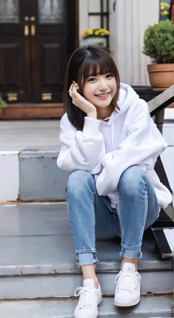 highest quality, Realistic, Very detailed, Finer details, High resolution, 8k wallpaper, One beautiful woman,Sit on the stairs、smile、、 Oversized hoodie, Skinny jeans,（ sneakers）、Black Hair、 Beautiful Bangs、ear piercing、Perfect dynamic composition, Beautiful and detailed, Full Body Shot, A big smile waiting to start
