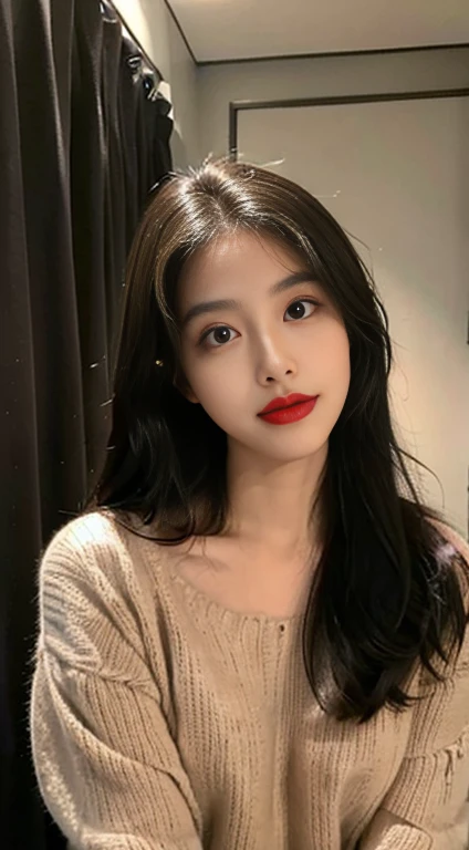 ((best qualtiy, 8K, tmasterpiece:1.3)), RAW photo, A pretty maiden，Pure，Melon seed face，gentle and cute，seductive, A sweet smile，Pure desire，Thin stature，(frontage)，(Tilt your head)，selfie in the fitting room, casual outfit, brown sweater Black silky long, Straight hair，Long hair flowing over the shoulders，round black big eyes，Clear big eyes，Hydrated red lips，Sweet，mall