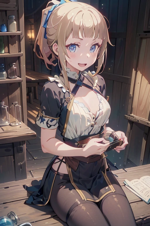 (fantasy:1.5),(anime,8k,masterpiece, top quality, best quality,beautiful and aesthetic:1.2,professional illustrasion:1.1,ultra detail:1.3,perfect lighting),extremely detailed,highest detailed,incredibly absurdres , highres, ultra detailed,intricate:1.6,(Alchemy Workshop:1.4),A girl mixing,Medicine in many small bottles,holding small potion,colorful:1.4,zentangle,(1girl),(girl),(Three kingdoms female warload),(highly detailed beautiful face and eyes,firm breasts),oily skin,((black,hair,short bob with short pony tail hair)),thin pubic hair,cute,lovely,34 years old,alchemist costume,Merchant's Clothing,smile,in the kitchen,smile,seductive weak smiling,(with sparkling eyes and a contagious smile),open mouth, Looking at Viewer,