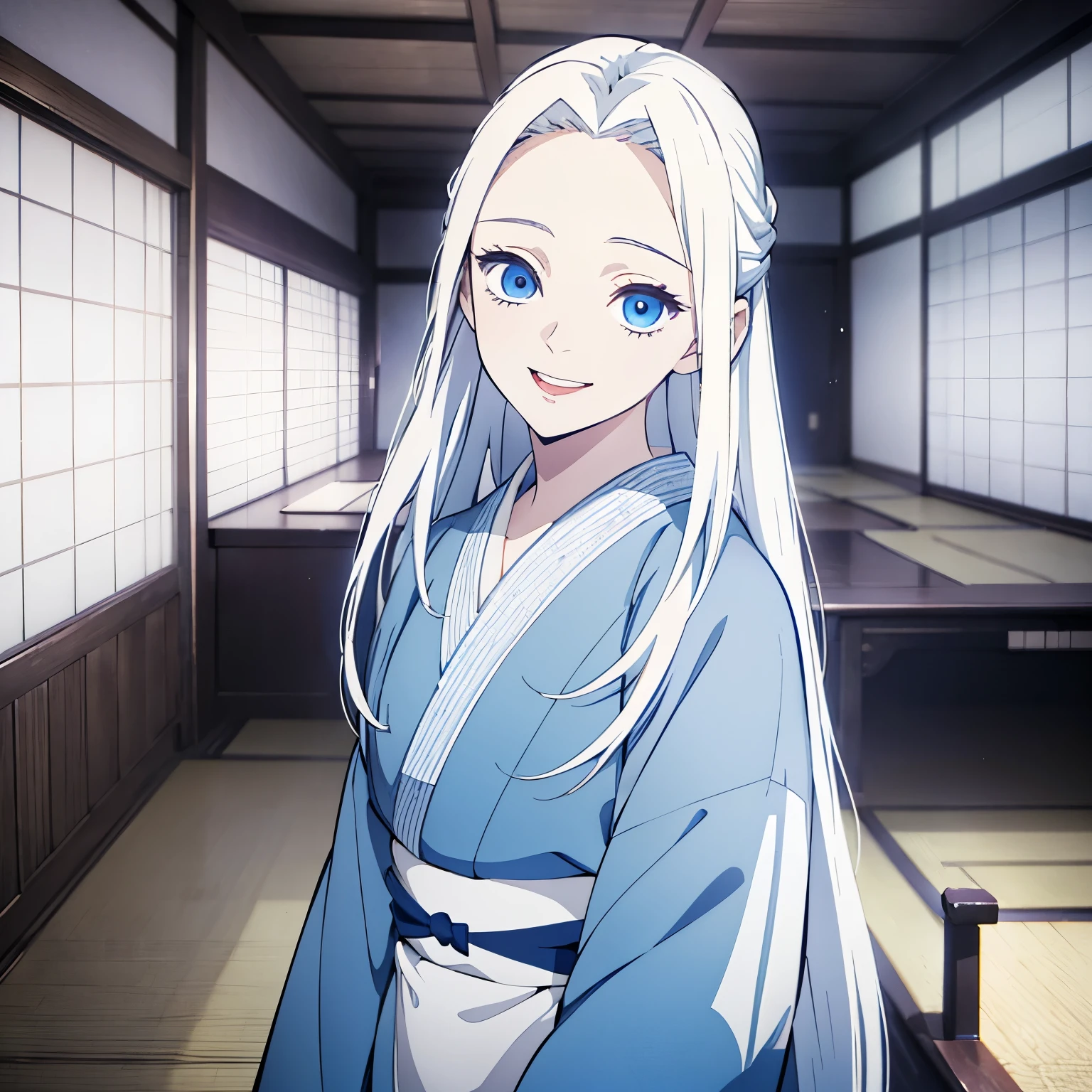 (1 girl, White long straight hair, blue eyes), beautiful girl, blue kimono, kimono, white hair, smile, ((opened mouth)), (half-up half-down hairstyle), Japanese animation color style, (16 years old girl), from front, room inside, 