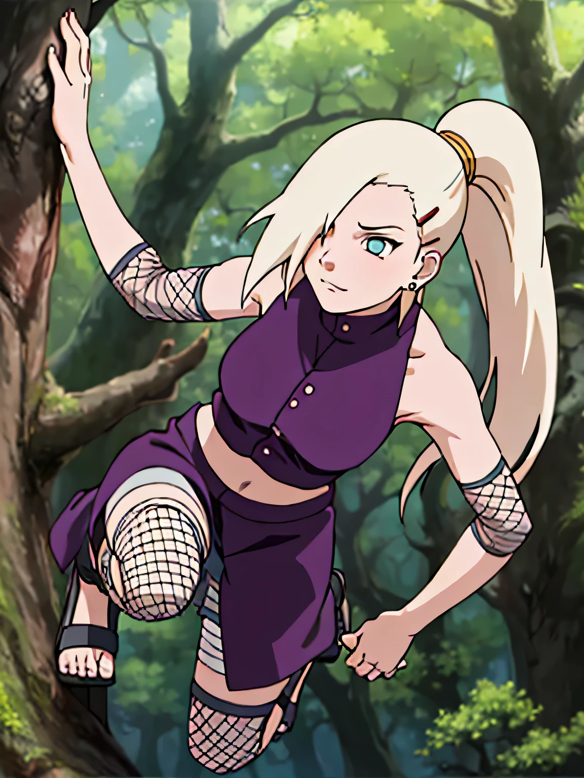 Yamanaka Ino, hair on one eye, ponytail, Hair clips, purple crop top, voluptuous, skirt, fishnet, earring, Diaphragm, show legs, condescending, alone, 1 girl, Facing the front, Masterpiece, perfect face, jump, Raise your legs high., touch,straight legs, touch high legs, Voluptuous eyes, open skirt, Torn a leg ,In the forest, On the tree, straight legs, Legs are straight.