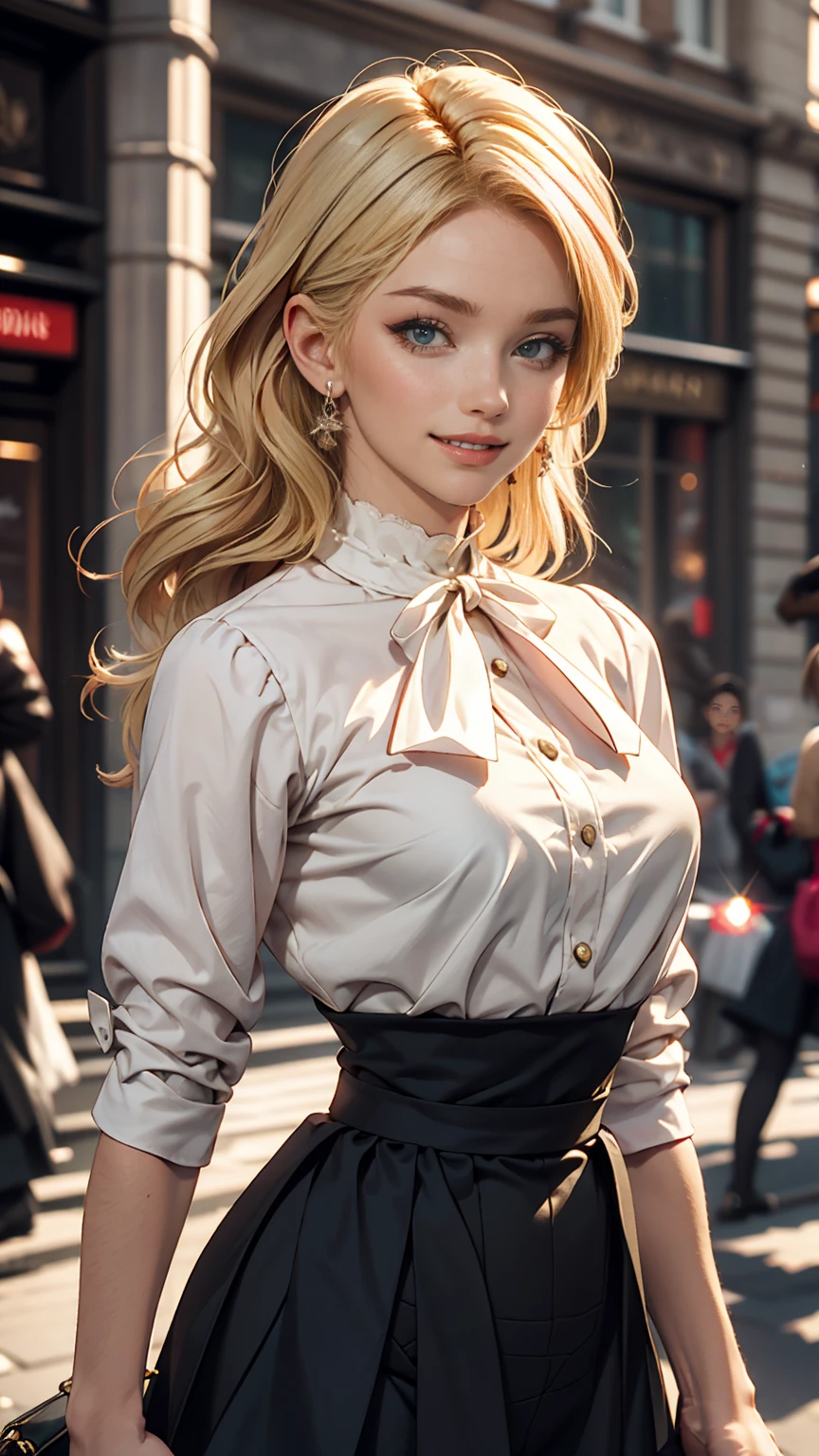 London、British lady Hepburn skirt、British woman in a high-neck ribbon blouse、White、Blonde、blue eyes、Wavy hair、Smile