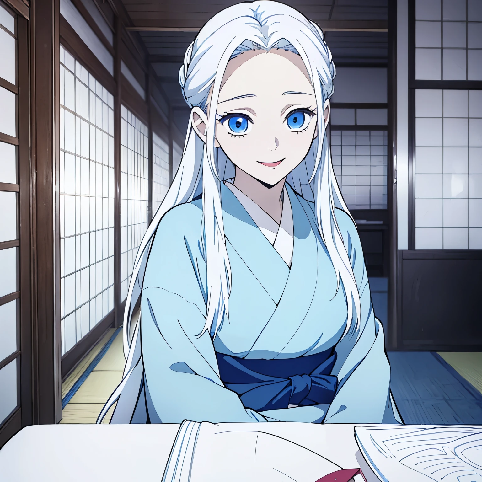 (1 girl, White long straight hair, blue eyes), beautiful girl, blue kimono, kimono, white hair, smile, ((opened mouth)), (half-up half-down hairstyle), Japanese animation color style, (16 years old girl), from front, room inside,