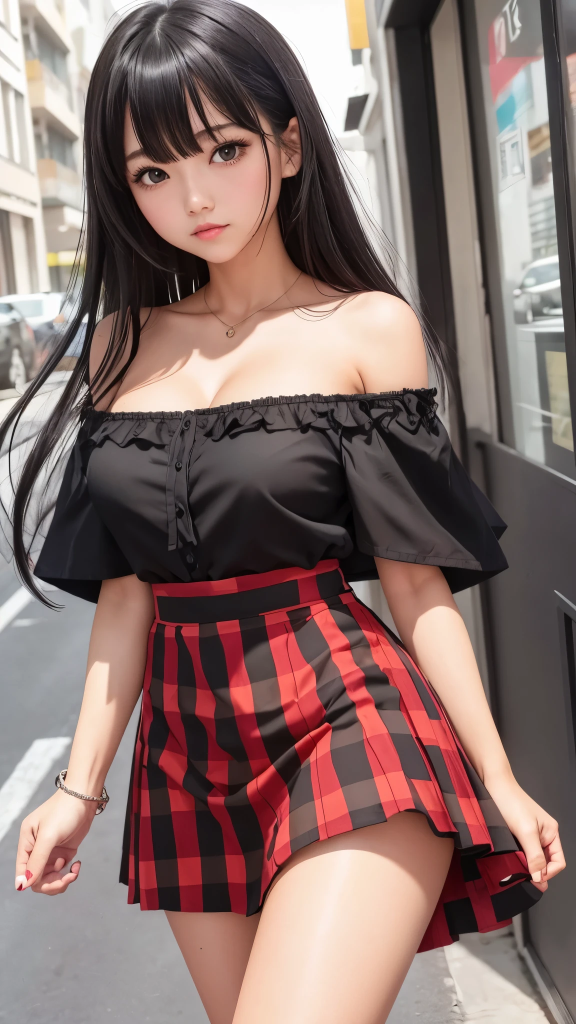 Detailed face、highlight、girl、thigh、breast enhancement、black髪、Heavy bangs、(Off the shoulder、)(Checked skirt、black、red、white、)