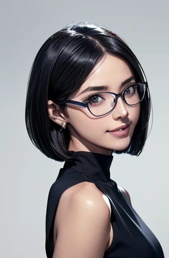 (masterpiece), (8k, best quality, high resolution), (ultra-detailed, realistic), (anatomically correct),  
((Portrait)), (Standing), (((looking back))), (No background),
(1woman),  (looking at viewer), 
(A Japanese woman, 30 years old and 155cm tall.), 
(black hair), (straight hair), (short hair style), (bob cut), (hair behind ears), 
(wear glasses), ((black cell frame glasses)), 
((Wear a navy blue sleeveless dress)), ((Mini length dress with a simple design and minimal decoration)), 
(Create a detailed image of the eye), 
(Her impression is pure, clean and kind.), 
((A captivating smile, just showing a few teeth.)), 　 
