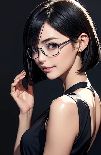 (masterpiece), (8k, best quality, high resolution), (ultra-detailed, realistic), (anatomically correct),
((Portrait)), (Standing), (((looking back))), (No background),
(1woman), (looking at viewer),
(A Japanese woman, 30 years old and 155cm tall.),
(black hair), (straight hair), (short hair style), (bob cut), (hair behind ears),
(wear glasses), ((black cell frame glasses)),
((Wear a navy blue sleeveless dress)), ((Mini length dress with a simple design and minimal decoration)),
(Create a detailed image of the eye),
(Her impression is pure, clean and kind.),
((A captivating smile, just showing a few teeth.)),