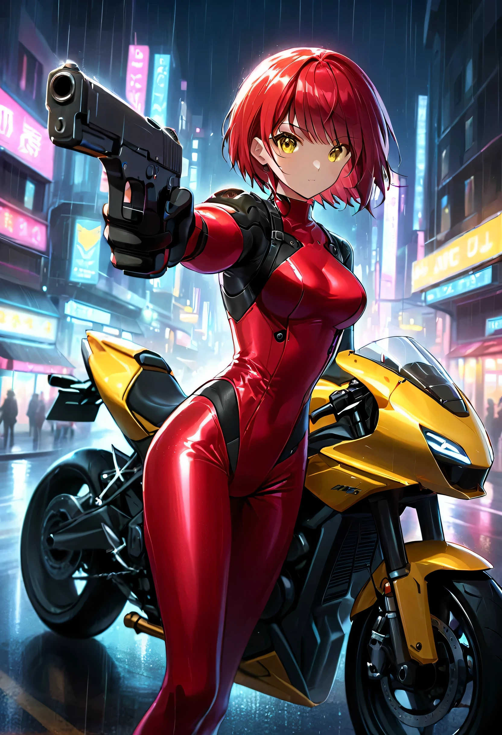 biker girl, motorcycle, Leather one-piece garment, Short hair, yellow glowing eyes, Dark colors, Cyberpunk, Neon lights, Red hair, Sexy, tightsuit, Night, the city street, mitts, rain, aiming a pistol, 