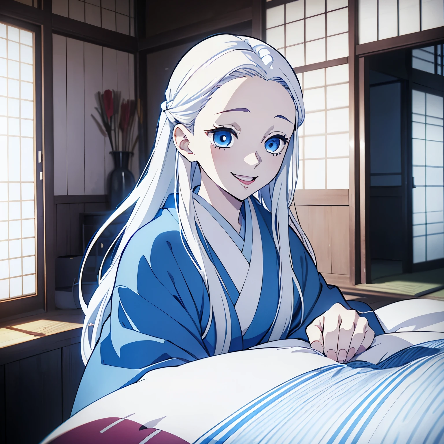 (1 girl, White long straight hair, blue eyes), beautiful girl, blue kimono, kimono, white hair, smile, ((opened mouth)), (half-up half-down hairstyle), Japanese animation color style, (16 years old girl), from front, room inside,