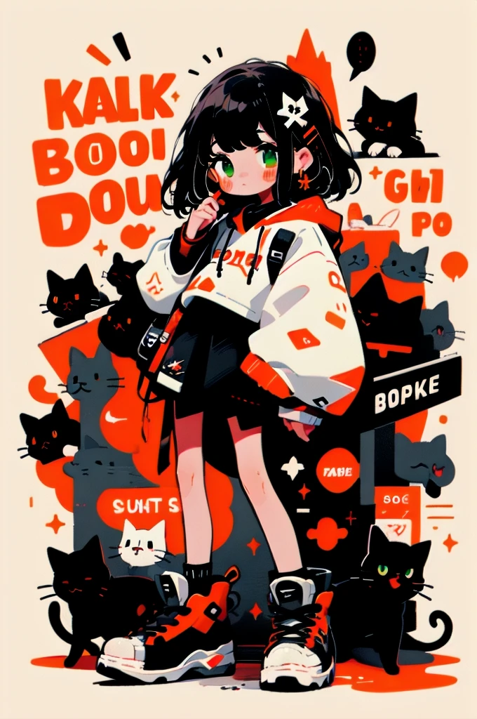 1 Girl, Green Eyes, 背Bag, Cat, black Hoodies, Drawcord, Black Hair, shoe, Hood down, Hoodies, Long sleeve, Solitary, Bag, Keep, Hair accessories, English text, sock, earrings, 白色shoe, Bangs, Looking at the audience, jewelry, 运动shoe, Telephone, permanent, blush, whole body, skirt, Medium Length Hair, black sock, Hairpin, Red Theme, Conversation Box, Keep Telephone, Shut up, cellTelephone, Sleeves over wrists, animal, short hair, Simple background, black skirt,