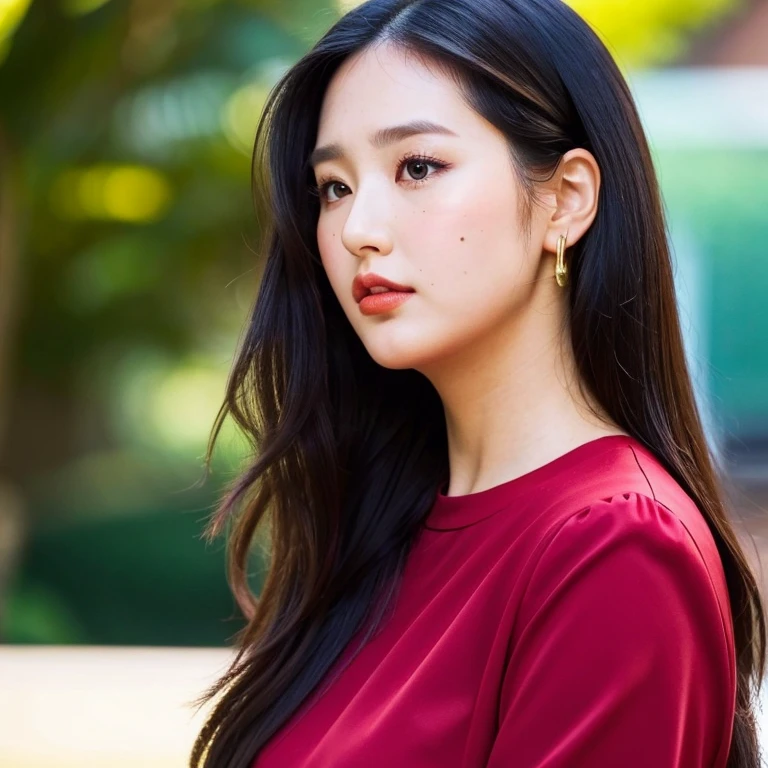 sideshot,dark red blouse,sleeveless,plump upperarm,single mole on cheek,black hair,voluminous hair,unkempt hair,plump woman,27 years old,(fair skin:1.3),(tareme),plump face,light makeup,