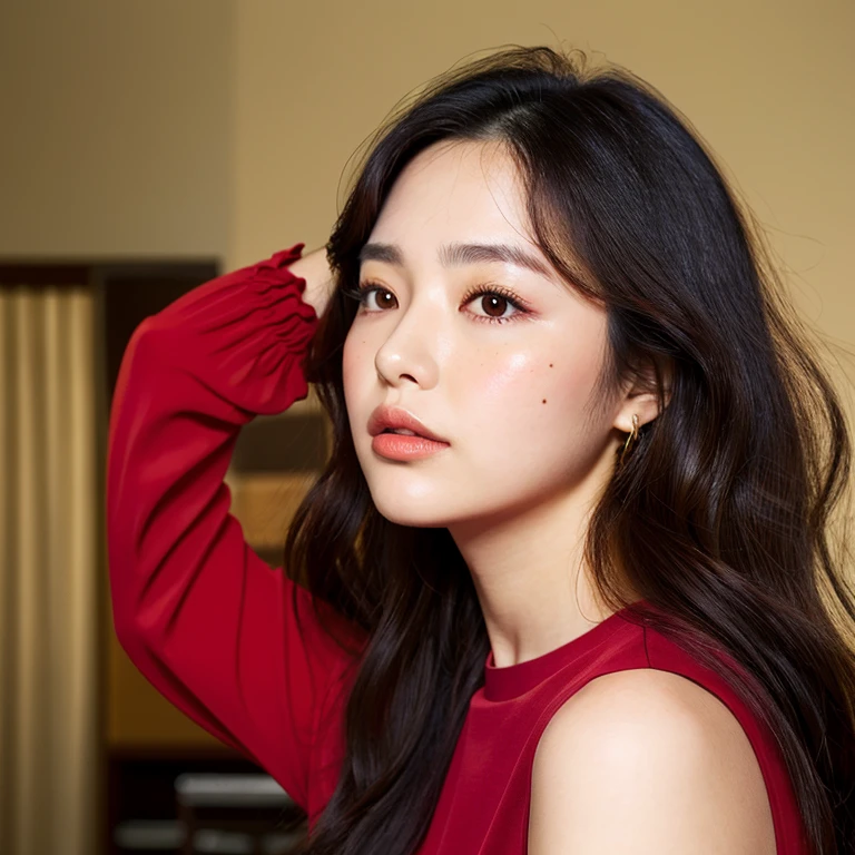 sideshot,dark red blouse,sleeveless,plump upperarm,single mole on cheek,black hair,voluminous hair,unkempt hair,plump woman,27 years old,(fair skin:1.3),(tareme),plump face,light makeup,