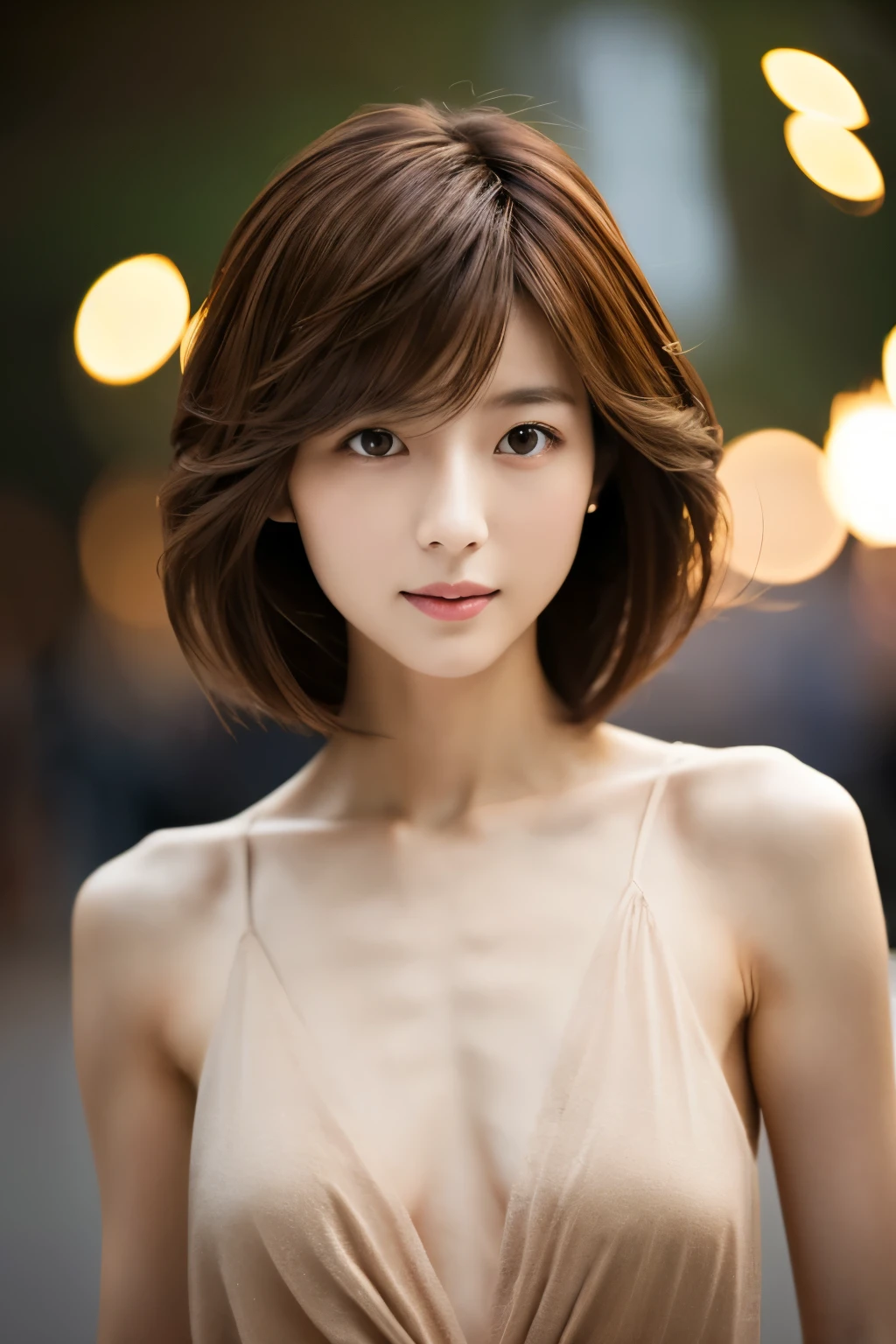 Top quality, realistic, perfect human body structure, very detailed, very delicate and beautiful, RAW photography, professional lighting, luminescence, depth of field, single focal, full body, Skinny Japanese lady, 30 year old lady, brown hair, small head, beautiful eyes, real face, realistic skin, detailed eyes, (fashionable hairstyle: 1.3),
