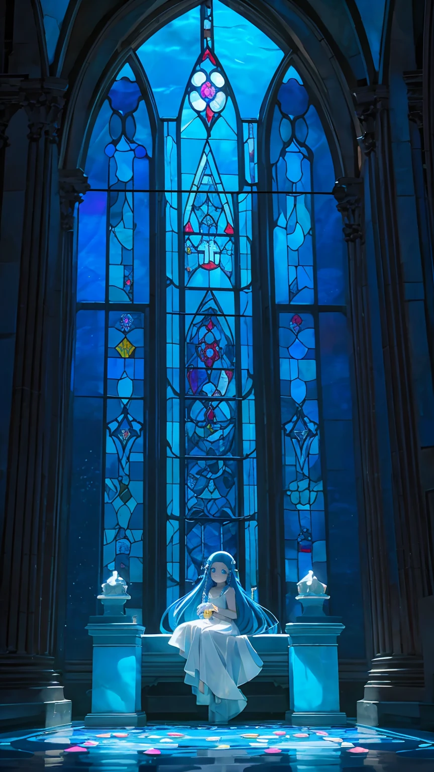 .A shining blue dress, beautiful blue eyes, beautiful blue hair, long hair, straight hair, in the mysterious deep sea, in the beautiful blue deep sea, surrounded by beautiful stained glass, behind her  is illuminated by the stained glass windows of a church temple, backlit sea bottom, bubbles, fish sitting on the side of a stone column