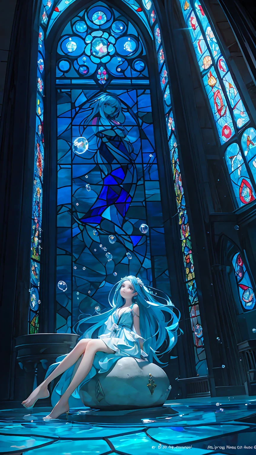 .A shining blue dress, beautiful blue eyes, beautiful blue hair, long hair, straight hair, in the mysterious deep sea, in the beautiful blue deep sea, surrounded by beautiful stained glass, behind her  is illuminated by the stained glass windows of a church temple, backlit sea bottom, bubbles, fish sitting on the side of a stone column