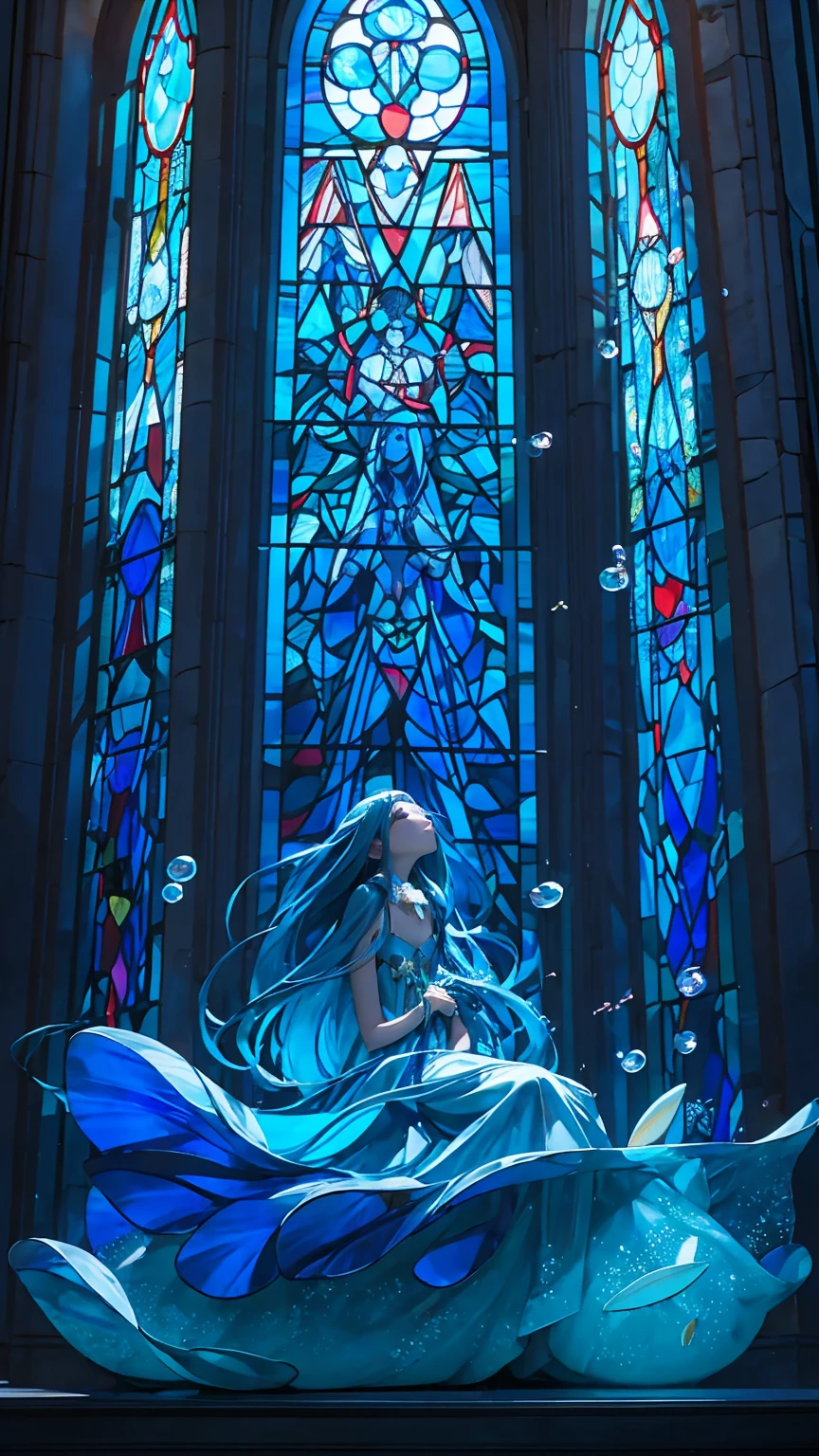 .A shining blue dress, beautiful blue eyes, beautiful blue hair, long hair, straight hair, in the mysterious deep sea, in the beautiful blue deep sea, surrounded by beautiful stained glass, behind her  is illuminated by the stained glass windows of a church temple, backlit sea bottom, bubbles, fish sitting on the side of a stone column