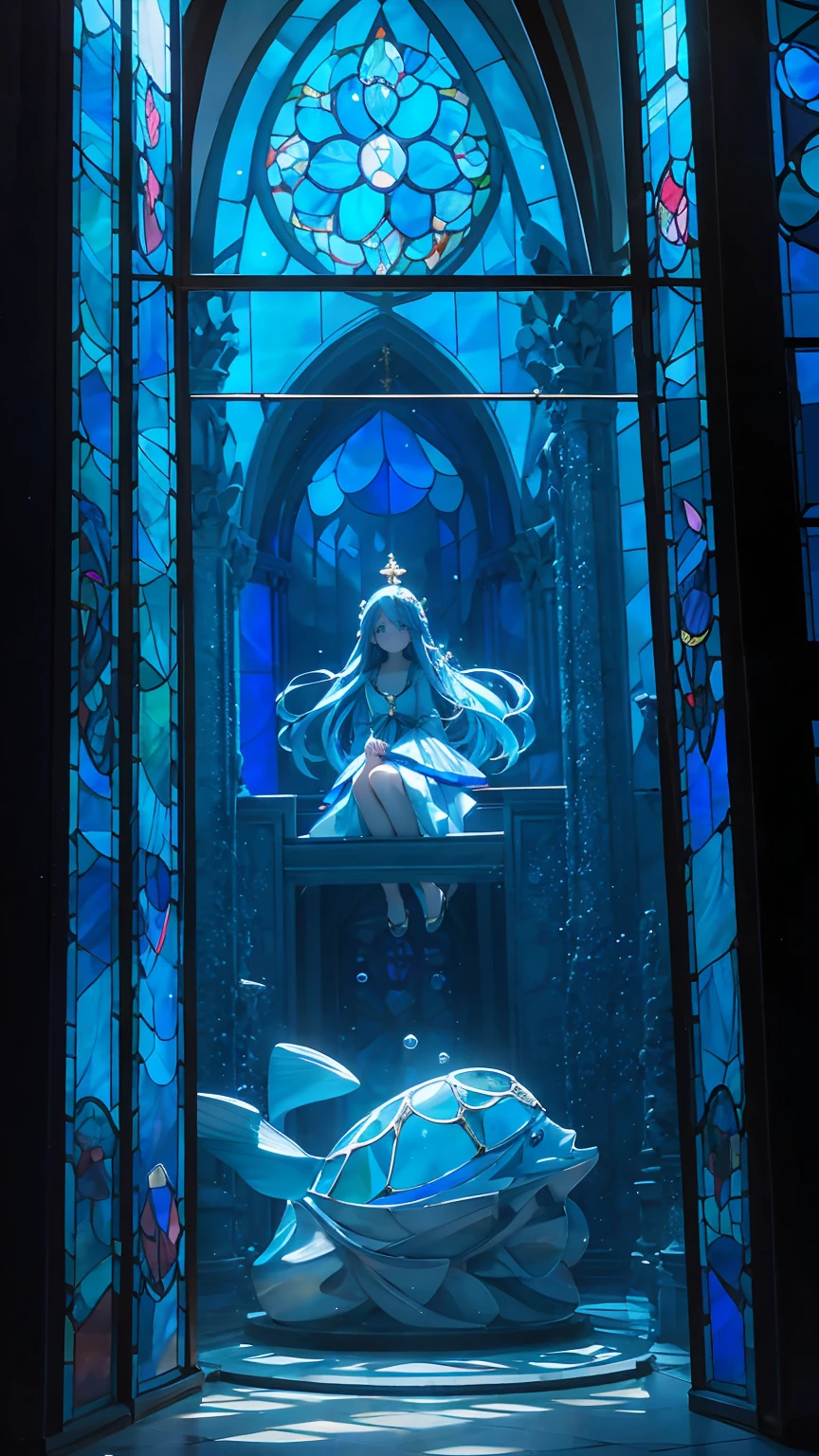 .A shining blue dress, beautiful blue eyes, beautiful blue hair, long hair, straight hair, in the mysterious deep sea, in the beautiful blue deep sea, surrounded by beautiful stained glass, behind her  is illuminated by the stained glass windows of a church temple, backlit sea bottom, bubbles, fish sitting on the side of a stone column