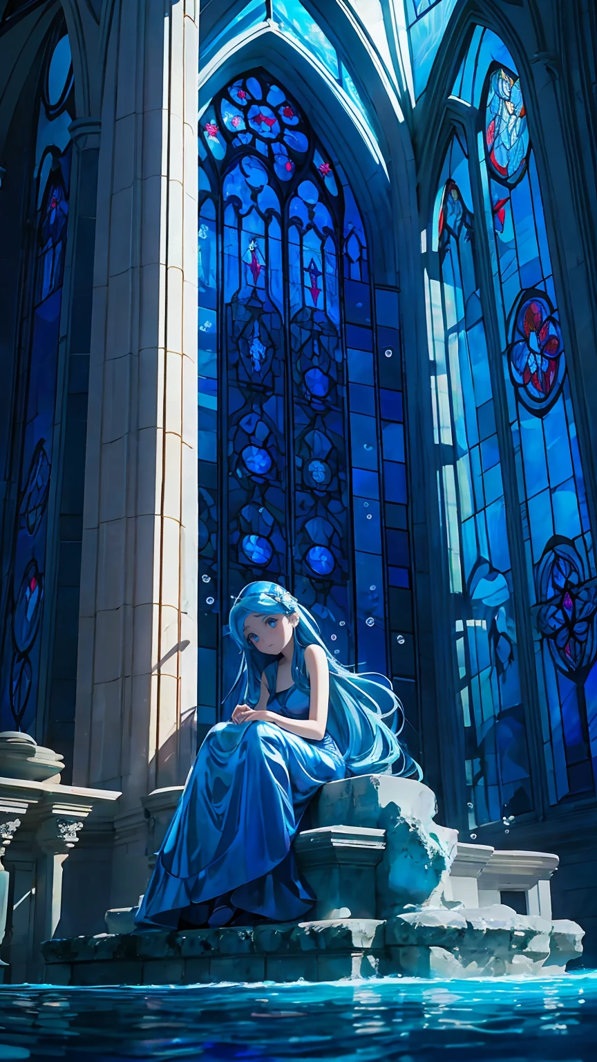 .A shining blue dress, beautiful blue eyes, beautiful blue hair, long hair, straight hair, in the mysterious deep sea, in the beautiful blue deep sea, surrounded by beautiful stained glass, behind her is illuminated by the stained glass windows of a church temple, backlit sea bottom, bubbles, fish sitting on the side of a stone column