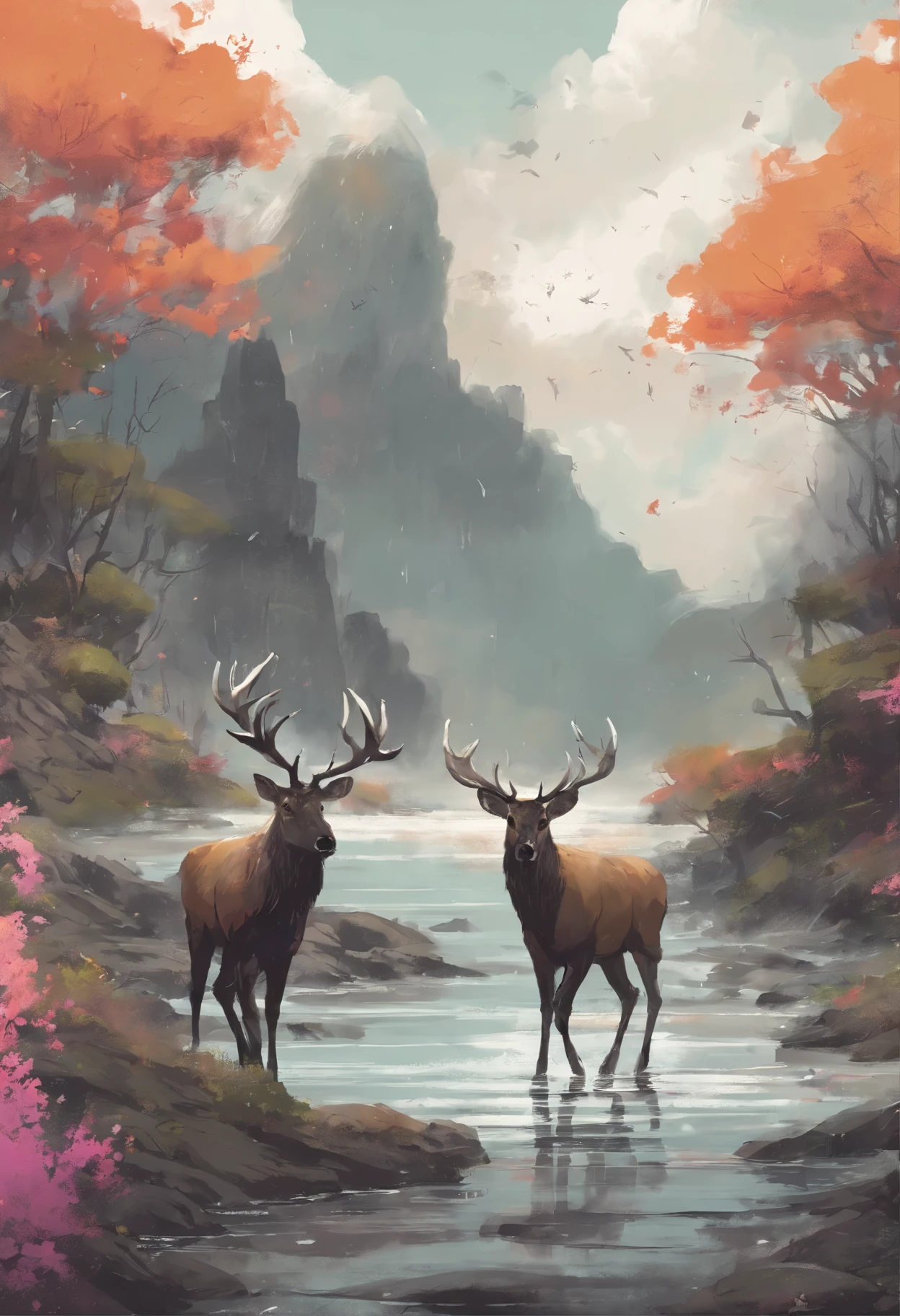 2 elks walking along a shoreline, rocky hills, overcast day, raining, flowers blooming, overgrown ruined buildings, fullbody illustration, scenic, creative