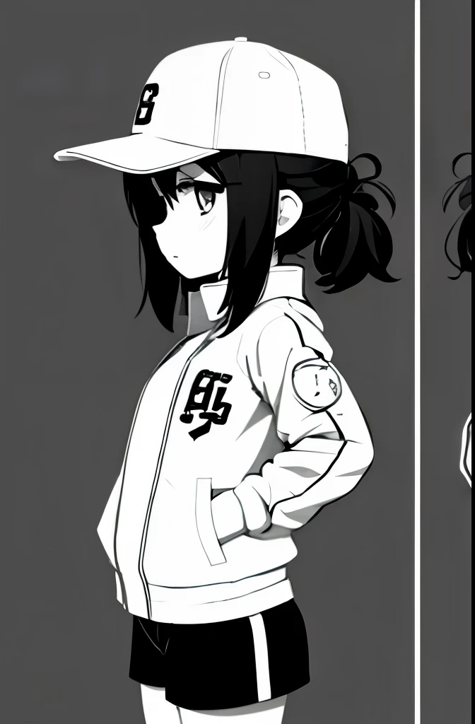 (The same character,front,side,back),Simple background!(whole body),Anime girl with baseball cap,jacket,shorts ,simple Line Art, clean Line Art, Line Art, perfect Line Art, Clear anime silhouette, thick Line Art, sharp Line Art,whole body