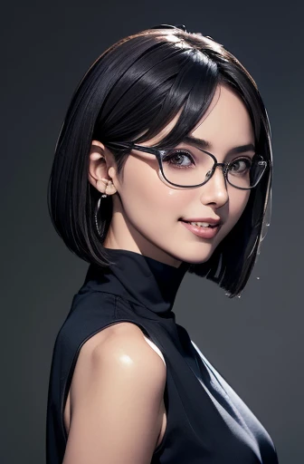 (masterpiece), (8k, best quality, high resolution), (ultra-detailed, realistic), (anatomically correct),  
((Portrait)), (Standing), (((looking back))), (No background),
(1woman),  (looking at viewer), 
(A Japanese woman, 30 years old and 155cm tall.), 
(black hair), (straight hair), (short hair style), (bob cut), (hair behind ears), 
(wear glasses), ((black cell frame glasses)), 
((Wear a navy blue sleeveless dress)), ((Mini length dress with a simple design and minimal decoration)), 
(Create a detailed image of the eye), 
(Her impression is pure, clean and kind.), 
((A captivating smile, just showing a few teeth.)), 　 
