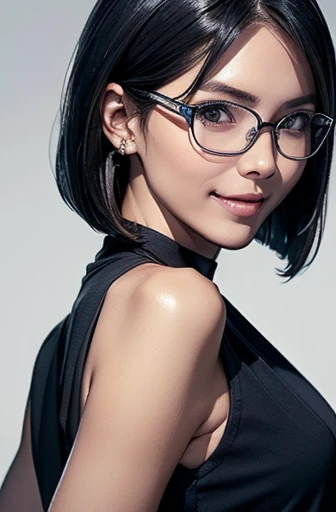 (masterpiece), (8k, best quality, high resolution), (ultra-detailed, realistic), (anatomically correct),
((Portrait)), (Standing), (((looking back))), (No background),
(1woman), (looking at viewer),
(A Japanese woman, 30 years old and 155cm tall.),
(black hair), (straight hair), (short hair style), (bob cut), (hair behind ears),
(wear glasses), ((black cell frame glasses)),
((Wear a navy blue sleeveless dress)), ((Mini length dress with a simple design and minimal decoration)),
(Create a detailed image of the eye),
(Her impression is pure, clean and kind.),
((A captivating smile, just showing a few teeth.)),