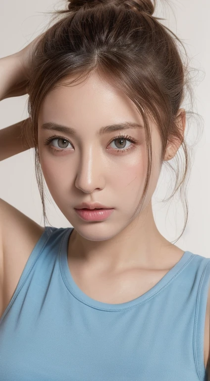 ((highest quality, 8k, masterpiece :1.3)), 1 girl, Cute woman highlighting her slim abs :1.3, (Random Hairstyles :1.2), Oversized tank top :1.2, Highly detailed face, Beautiful Eyes, double eyelid, Underarm