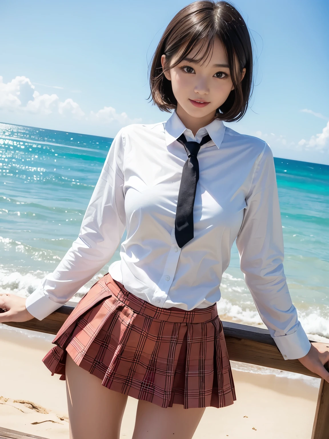 ultra highres,(reality: 1.4),highest quality, masterpiece, high detail, 16K quality, beautiful, 1 beautiful girl,japanese,super beautiful face,,japanese idol face,cute face,super detailed face,detailed hand,beautiful skin,sweaty skin,big eyes,big smile,profeccional lighting,short hair, black hair,brown beautiful eyes, white shirt,bowtie,brown checked skirt,standing,skirt lift,((wind lift:1.3)),(((show off panties))),((white panty)),medium breasts,she is looking at the camera,beach,blue sky, beautiful blue ocean,nsfw,from below,