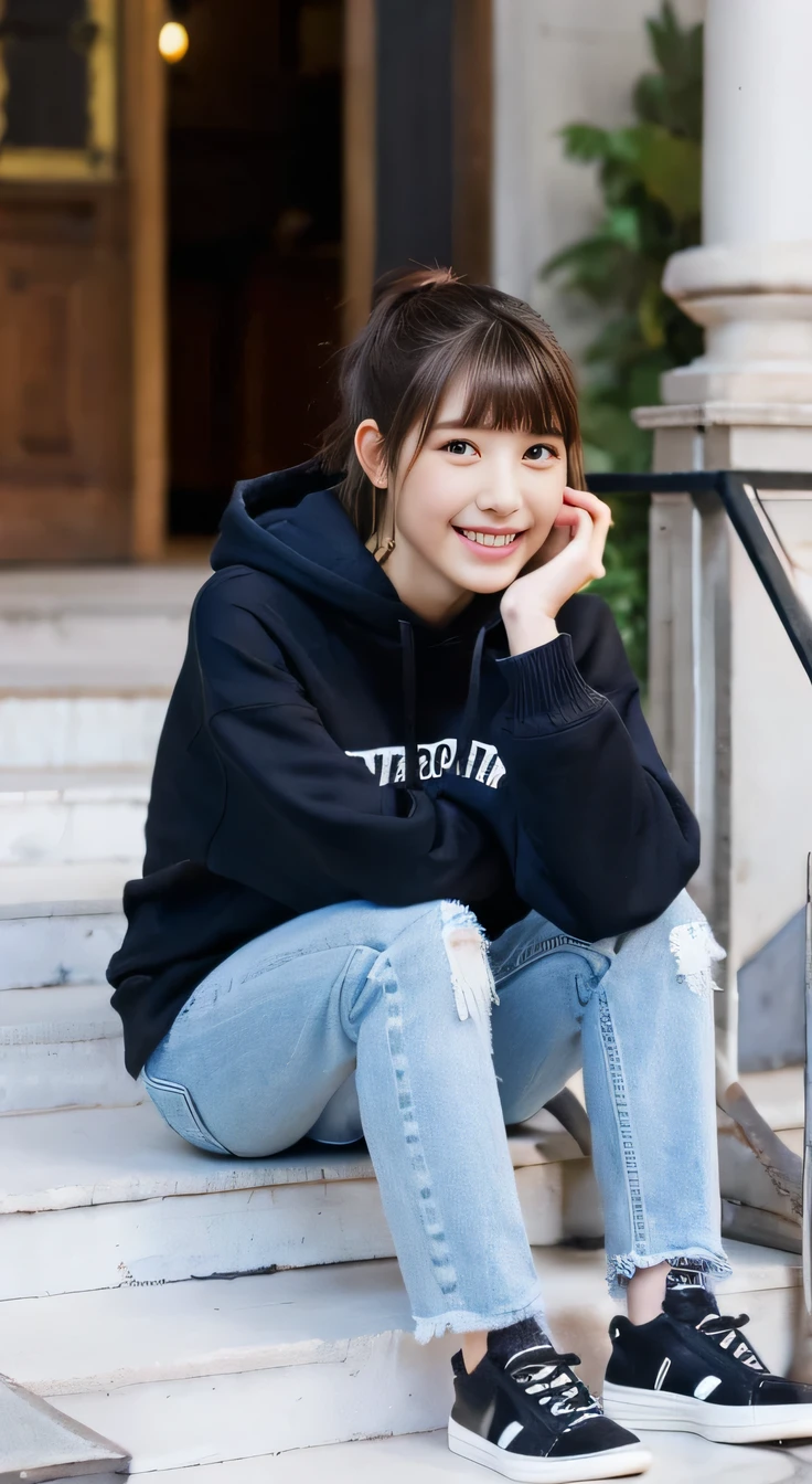 highest quality, Realistic, Very detailed, Finer details, High resolution, 8k wallpaper, One beautiful woman,Sit on the stairs、smile、、（Black socks） Oversized hoodie, Skinny jeans,（ Black sneakers）、Black Hair、 Beautiful Bangs、ear piercing、Perfect dynamic composition, Beautiful and detailed, Full Body Shot, A big smile waiting to start
