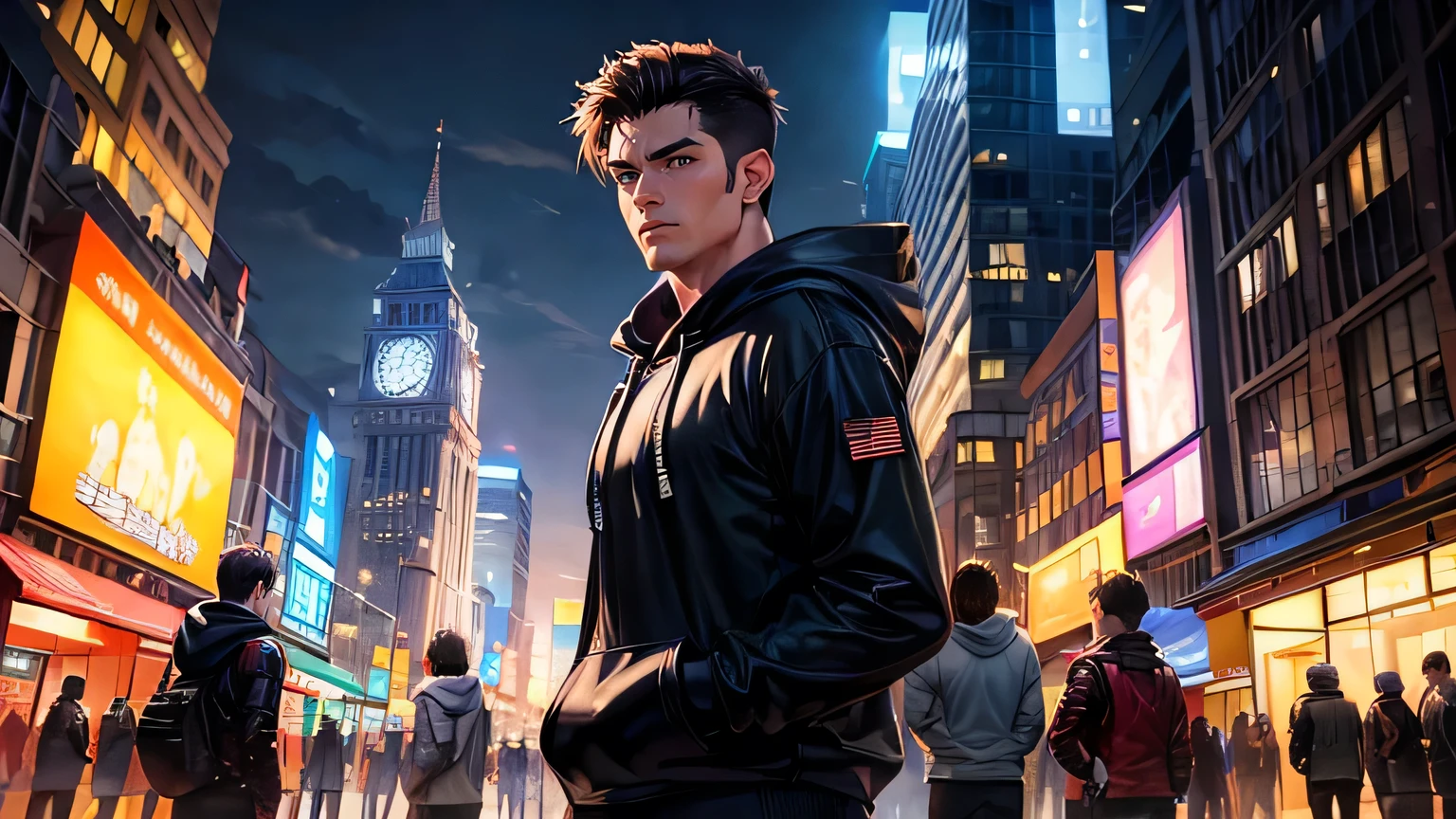 (oil, masterpiece, highest quality, Super detailed, Focus on the characters), One male、Muscular，Detailed hair depiction,([return:0.8]|[ face facing returnwards:1.1]), 
hoodie,neon,([Night cityscape scenario:1.2]|[ ground:1.3]| [High Contrast:1.1])  