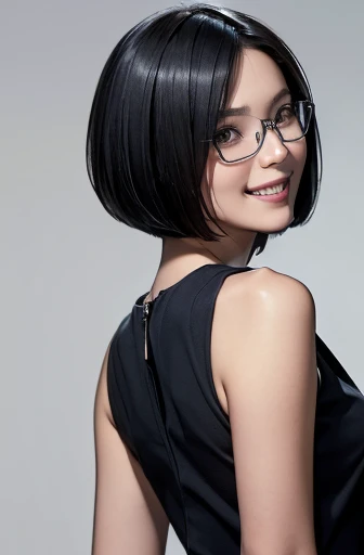 (masterpiece), (8k, best quality, high resolution), (ultra-detailed, realistic), (anatomically correct),
((Portrait)), (Standing), (((looking back))), (No background),
(1woman), (looking at viewer),
(A Japanese woman, 30 years old and 155cm tall.),
(black hair), (straight hair), (short hair style), (bob cut), (hair behind ears),
(wear glasses), ((black cell frame glasses)),
((Wear a navy blue sleeveless dress)), ((Mini length dress with a simple design and minimal decoration)),
(Create a detailed image of the eye),
(Her impression is pure, clean and kind.),
((A captivating smile, just showing a few teeth.)),