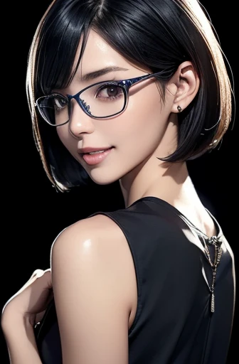 (masterpiece), (8k, best quality, high resolution), (ultra-detailed, realistic), (anatomically correct),
((Portrait)), (Standing), (((looking back))), (No background),
(1woman), (looking at viewer),
(A Japanese woman, 30 years old and 155cm tall.),
(black hair), (straight hair), (short hair style), (bob cut), (hair behind ears),
(wear glasses), ((black cell frame glasses)),
((Wear a navy blue sleeveless dress)), ((Mini length dress with a simple design and minimal decoration)),
(Create a detailed image of the eye),
(Her impression is pure, clean and kind.),
((A captivating smile, just showing a few teeth.)),
