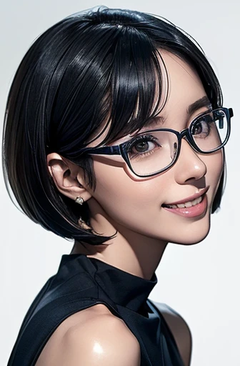 (masterpiece), (8k, best quality, high resolution), (ultra-detailed, realistic), (anatomically correct),
((Portrait)), (Standing), (((looking back))), (No background),
(1woman), (looking at viewer),
(A Japanese woman, 30 years old and 155cm tall.),
(black hair), (straight hair), (short hair style), (bob cut), (hair behind ears),
(wear glasses), ((black cell frame glasses)),
((Wear a navy blue sleeveless dress)), ((Mini length dress with a simple design and minimal decoration)),
(Create a detailed image of the eye),
(Her impression is pure, clean and kind.),
((A captivating smile, just showing a few teeth.)),