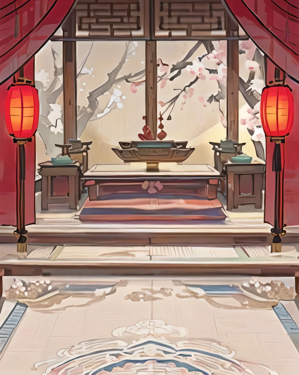 Ancient Chinese Chamber,Warm,Soft Light, floor,Tatami,Onmyoji, Japanese-style,Tang Dynasty interior, Palace Background,