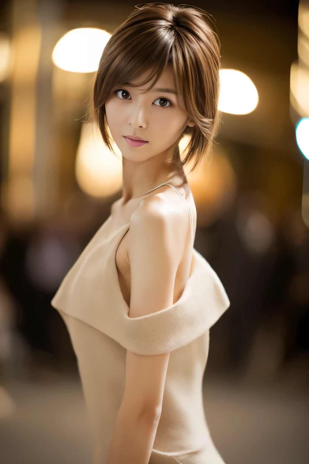 Top quality, realistic, perfect human body structure, very detailed, very delicate and beautiful, RAW photography, professional lighting, luminescence, depth of field, single focal, full body, Skinny Japanese lady, 30 year old lady, brown hair, small head, beautiful eyes, real face, realistic skin, detailed eyes, (fashionable hairstyle: 1.3), 