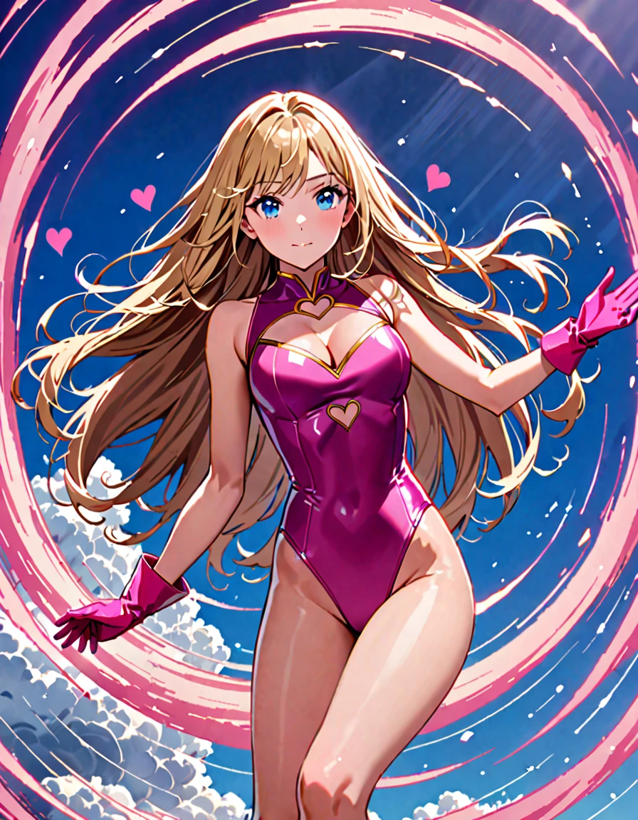 ((masterpiece)), ((highest quality)), ((High resolution)), One girl, alone, alone focus, (leotard, perfect leotard, pink leotard, No sleeve, barefoot), Matching boots, Looking at the audience, Blue sky background, Perfect hands, Full Finger, Perfect Anatomy, Medium chest, (Blonde, Long Hair, Medium length hair, Let your hair down, bangs), Knee Boots, blue eyes, Beautiful fine details, Beautifully detailed face, Cute face, (Cleavage heart cutout), Pink gloves, Pink footwear, Superhero, heroic, Spread your arms. Rotate in place like a tornado, She spins at incredible speeds, Created a whirlwind around her,Spiral lines,A cyclone occurs,Tornado Spinning.