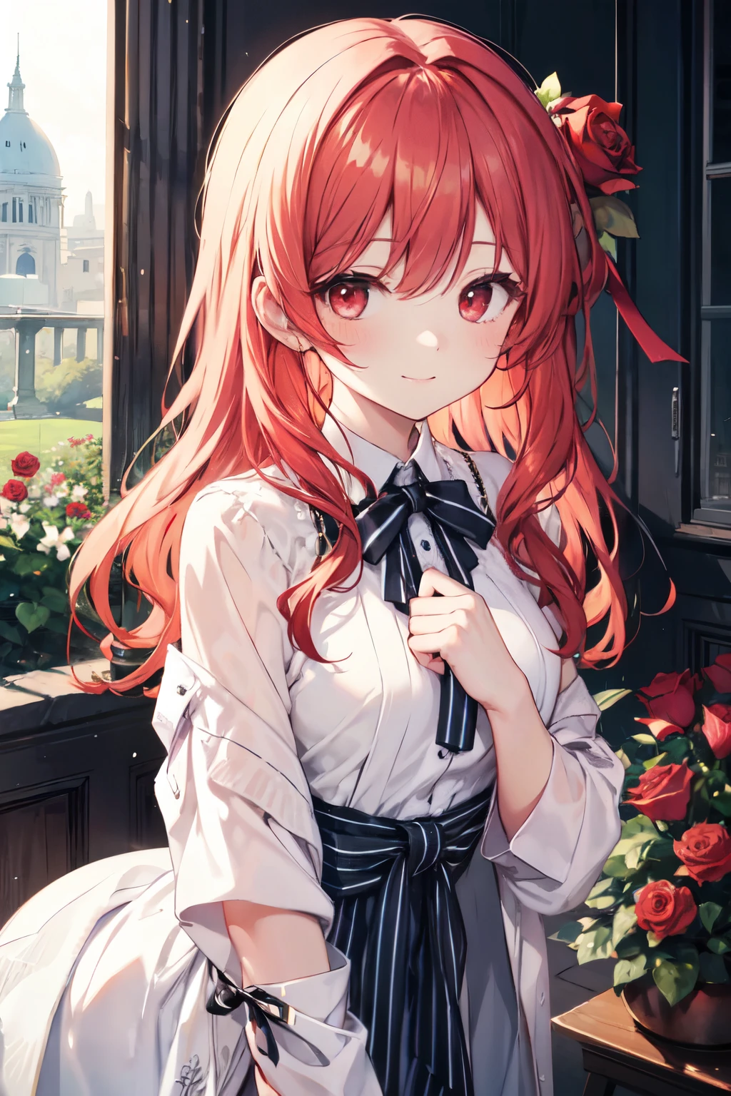 Wavy red hair、red eyes、Beautiful girl alone、robe blanche、A smile、rose garden