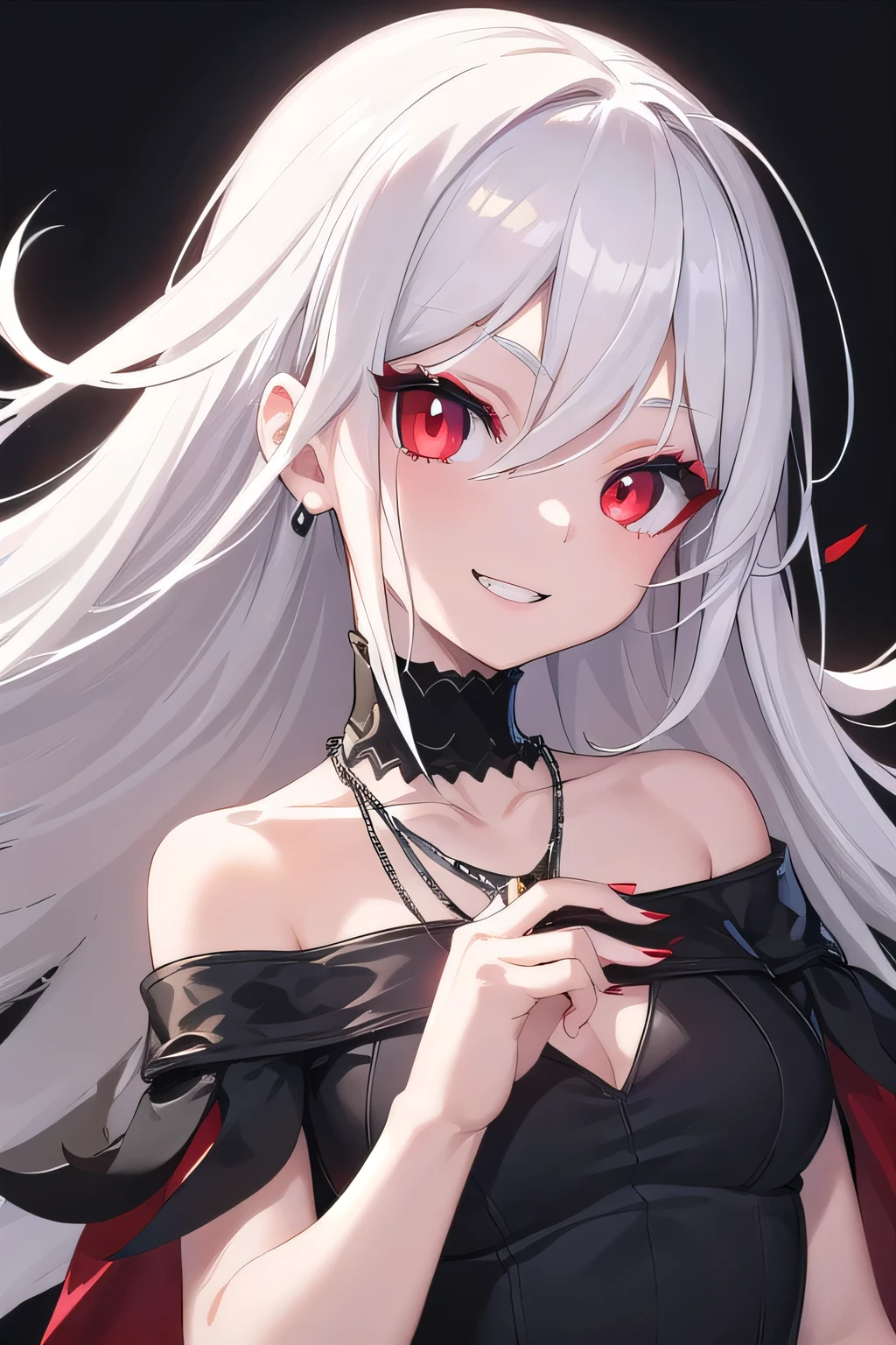 masterpiece, best quality, ultra-high-detailed, happy smile, white hair, red eyes,long hair wavy , small breast, looking to viewer, deep eyes,  glare eyes, black dress, eyeshadow, makeup, bare shoulder, Gothic, emo , focus to face, black background, just face, necklace, front side