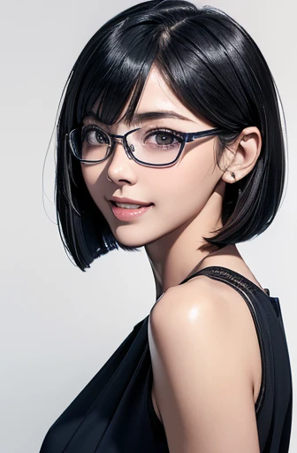 (masterpiece), (8k, best quality, high resolution), (ultra-detailed, realistic), (anatomically correct),
((Portrait)), (Standing), (((looking back))), (No background),
(1woman), (looking at viewer),
(A Japanese woman, 30 years old and 155cm tall.),
(black hair), (straight hair), (short hair style), (bob cut), (hair behind ears),
(wear glasses), ((black cell frame glasses)),
((Wear a navy blue sleeveless dress)), ((Mini length dress with a simple design and minimal decoration)),
(Create a detailed image of the eye),
(Her impression is pure, clean and kind.),
((A captivating smile, just showing a few teeth.)),