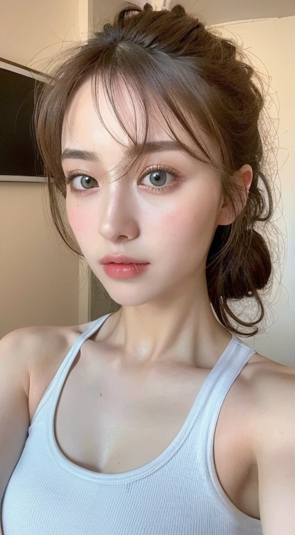 ((highest quality, 8k, masterpiece :1.3)), 1 girl, Cute woman highlighting her slim abs :1.3, (Random Hairstyles :1.2), Oversized tank top :1.2, Highly detailed face, Beautiful Eyes, double eyelid, Underarm