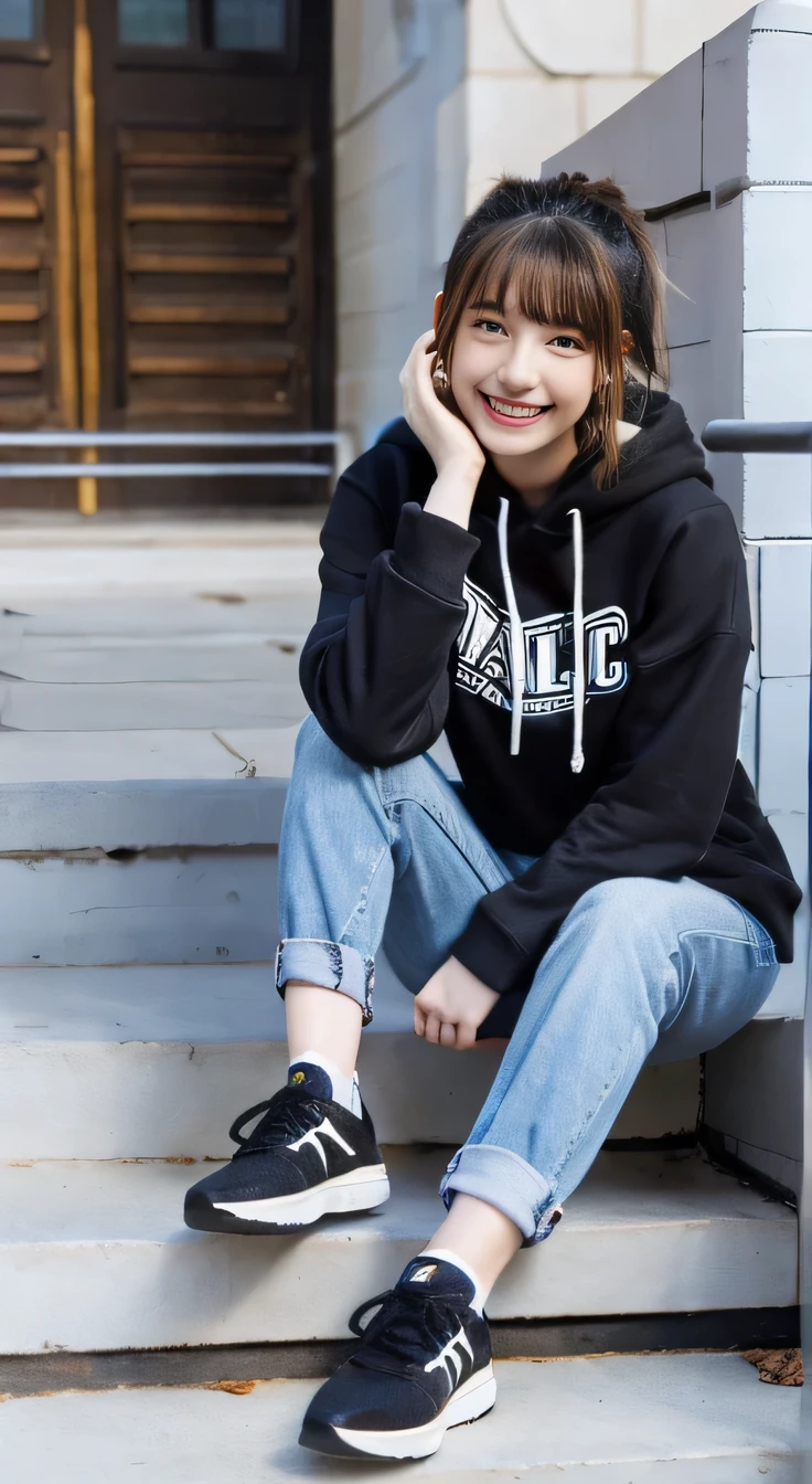 highest quality, Realistic, Very detailed, Finer details, High resolution, 8k wallpaper, One beautiful woman,Sit on the stairs、smile、、（Black socks） Oversized hoodie, Skinny jeans,（ Black sneakers）、Black Hair、 Beautiful Bangs、ear piercing、Perfect dynamic composition, Beautiful and detailed, Full Body Shot, A big smile waiting to start
