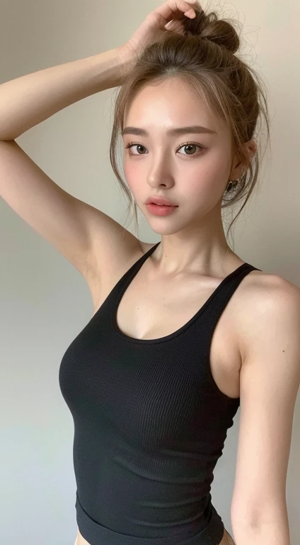 ((highest quality, 8k, masterpiece :1.3)), 1 girl, Cute woman highlighting her slim abs :1.3, (Random Hairstyles :1.2), Oversized tank top :1.2, Highly detailed face, Beautiful Eyes, double eyelid, Underarm