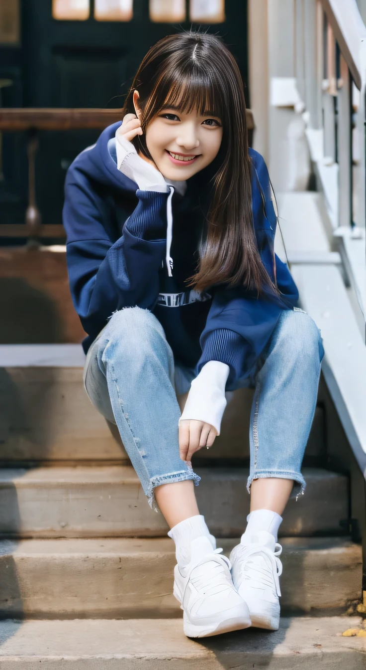 highest quality, Realistic, Very detailed, Finer details, High resolution, 8k wallpaper, One beautiful woman,Sit on the stairs、smile、、（Black socks） Oversized hoodie, Skinny jeans,（ Black sneakers）、Black Hair、 Beautiful Bangs、ear piercing、Perfect dynamic composition, Beautiful and detailed, Full Body Shot, A big smile waiting to start

