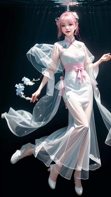 Woman wearing transparent clothes underwater,Full body image, Be focused: 1.3, Chinese Girl,Model figure: 1.5, Big Tits: 1.2,Slightly fat,Pink Hair,Heroine Theme,Very tender breasts, Happy expression, Everlasting: 1.2,Highly detailed face and skin texture, Delicateeyes, Double eyelids,Translucent Tulle,Chinese Hanfu,White lingerie,Waist space,black background