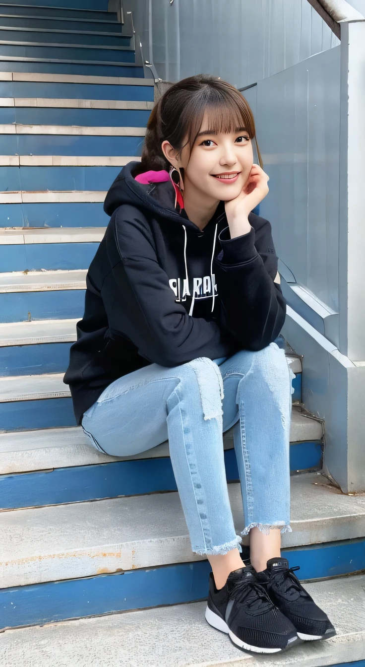 highest quality, Realistic, Very detailed, Finer details, High resolution, 8k wallpaper, One beautiful woman,Sit on the stairs、smile、、(Black socks) Oversized hoodie, Skinny jeans,( Black sneakers)、Black Hair、 Beautiful Bangs、ear piercing、Perfect dynamic composition, Beautiful and detailed, Full Body Shot, A big smile waiting to start