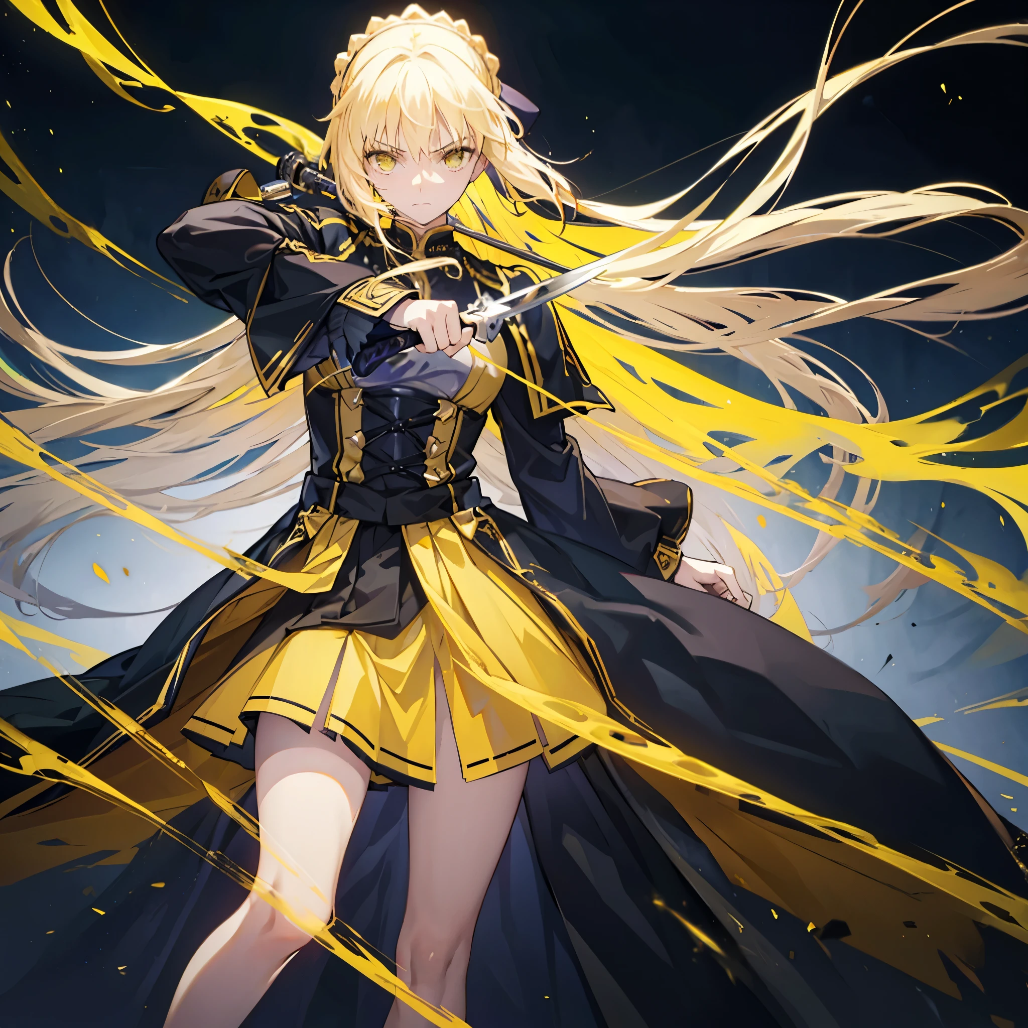 aesthetic, bohemian, realistic, saber from Fate, long hair ,black mini-skirt, yellow clothes, stockings, skinny fit, emo pose, yellow and black night city background, focus on hips, goddess, solo, katana