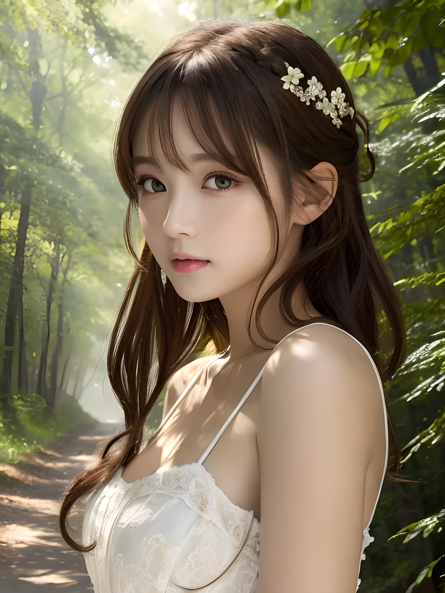 masterpiece, highest quality, High resolution, wallpaper, realistic, (bright lighting:1.4), professional lighting, face light, smooth lighting, japanese girl, full body, cute, sad, open mouth to say something, shy, Beautiful girl, gravure, sexy, super beautiful, beautiful skin, beautiful and detailed eyes、detailed face、slim、moderately, half updo, brunette colored hair, brown eyes, Summer Dresses, The morning sunlight shines through the misty forest path.